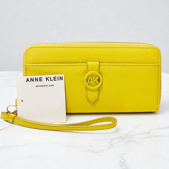 Anne Klein Slim Zip Long Wallet Wristlet Lime Yellow Pebbled Leather Classic NWT - Picture 1 of 6